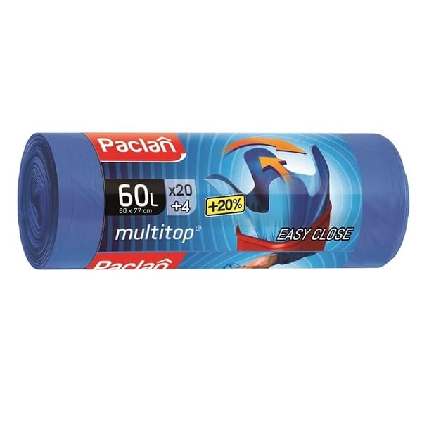PACLAN Vrecia na odpad MULTITOP pevné, 4 uväzovacie rohy, 60L - 24ks, 11µ, HDPE