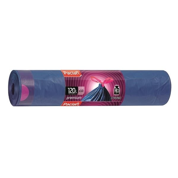 PACLAN Vrecia na odpad PREMIUM zaťahovacie uši, 2-vrstvové, pevné 120L - 10ks, 39 µ, LDPE